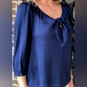 CABI Knot/Tie Polka Dot SMALL 3/4 Sleeve Blouse Navy